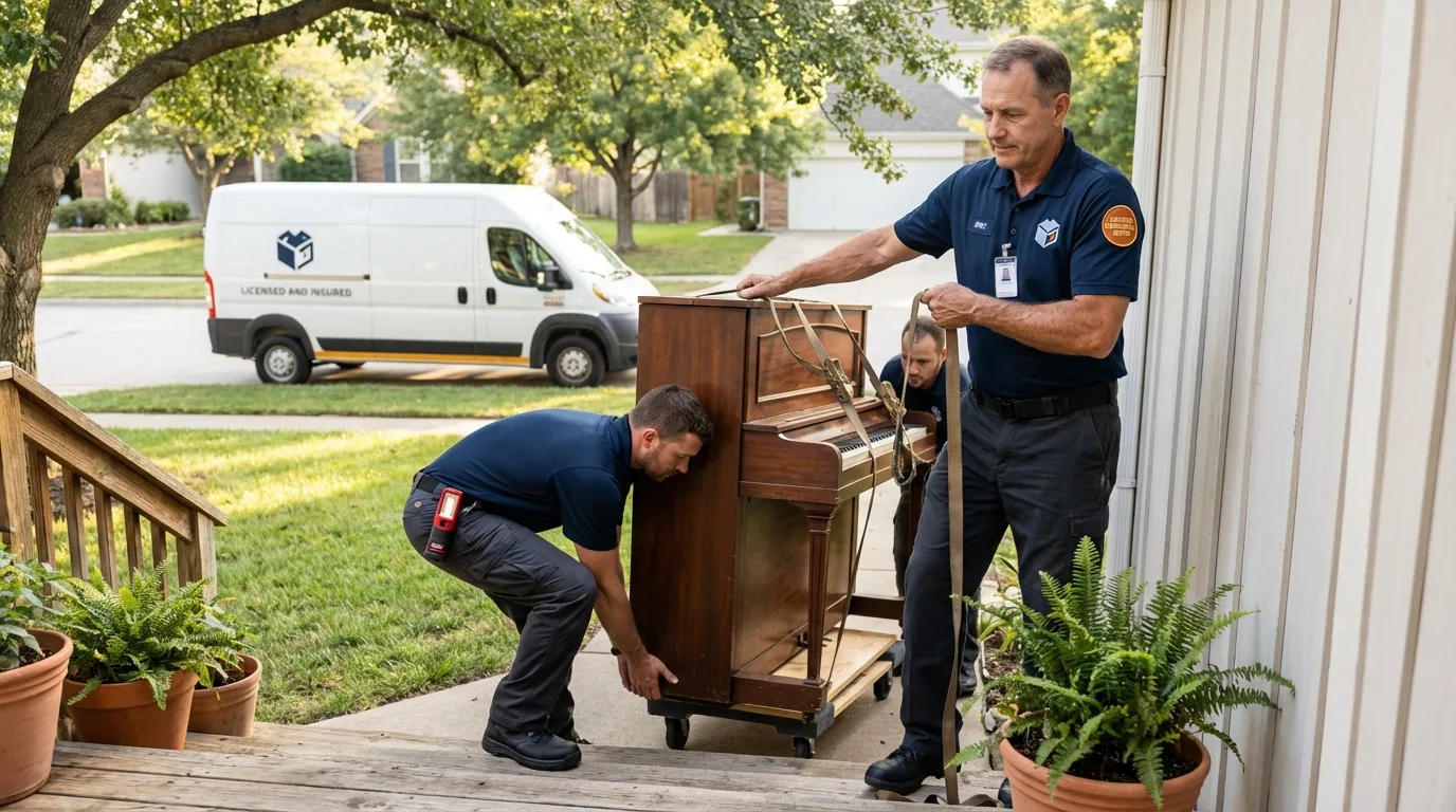 Licensed piano movers securing grand piano in Rego Park, NY