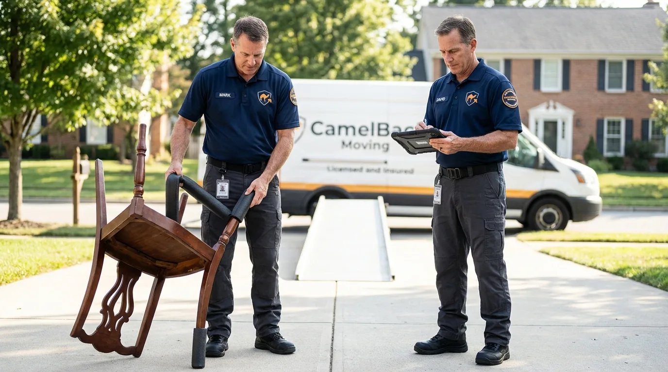 Movers inspecting furniture for damage prevention before loading in Rego Park, NY