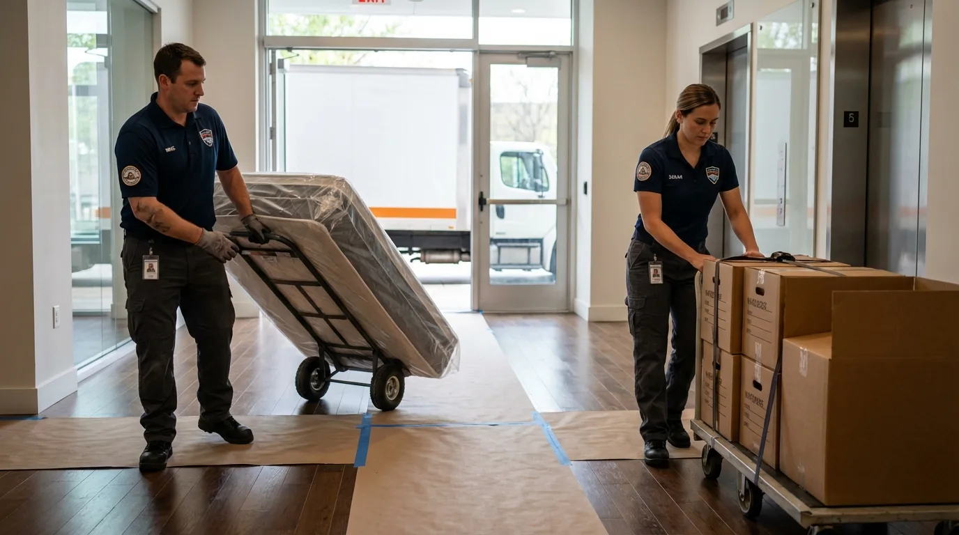 Professional apartment movers loading elevator in Rego Park, NY
