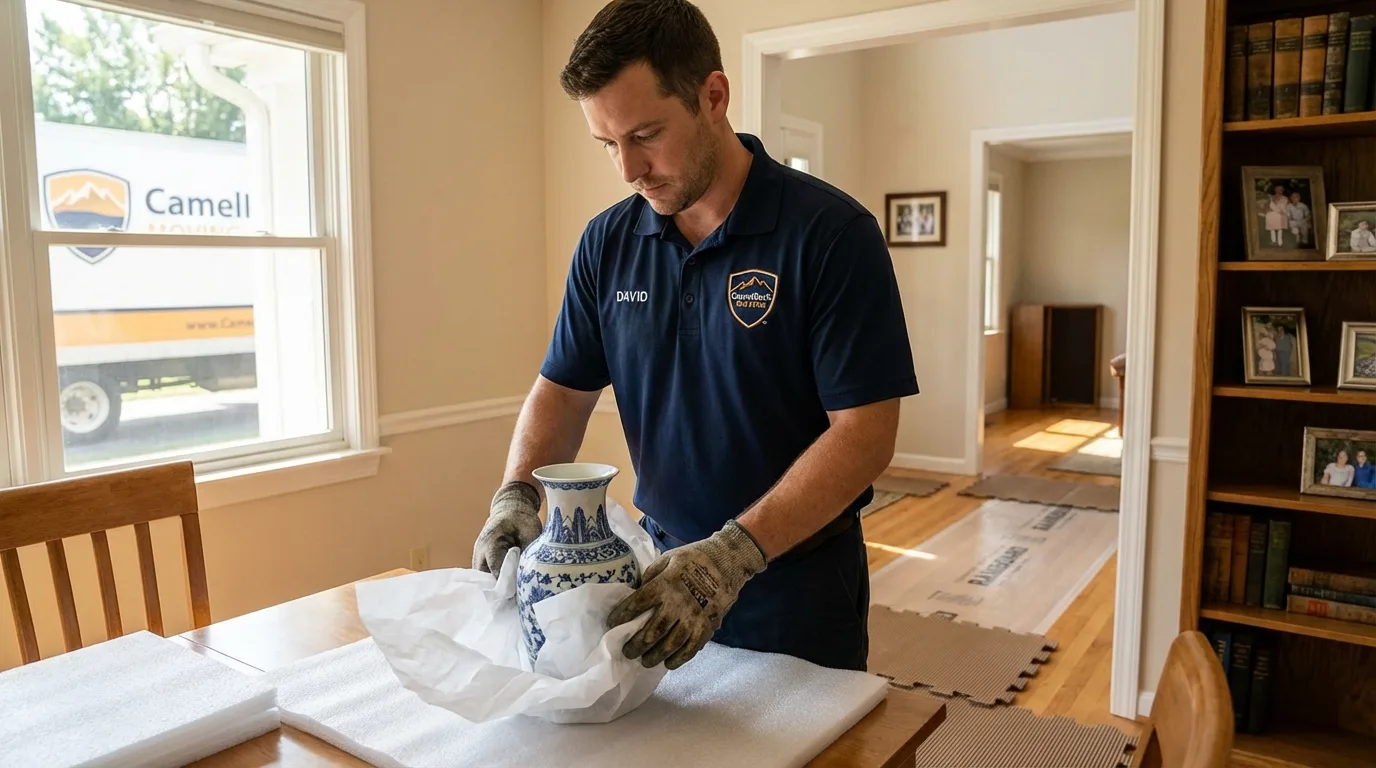 Professional crew carefully wrapping antique vase for senior downsizing move in Rego Park, NY